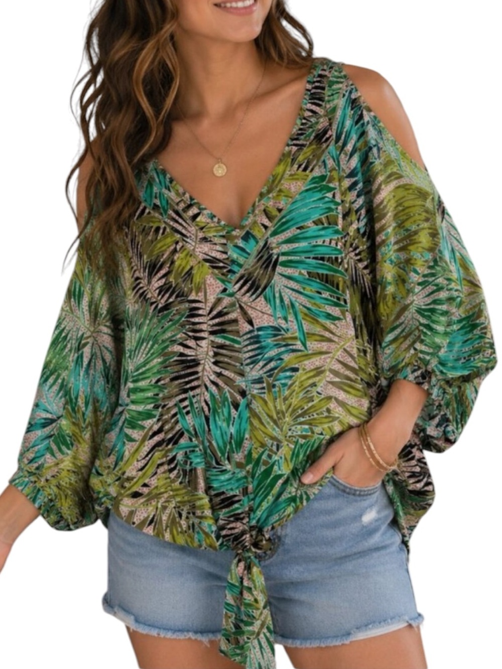 Democracy Blouse Cold Shoulder Tie Front VNeck Tropical Print Women’s Size Small